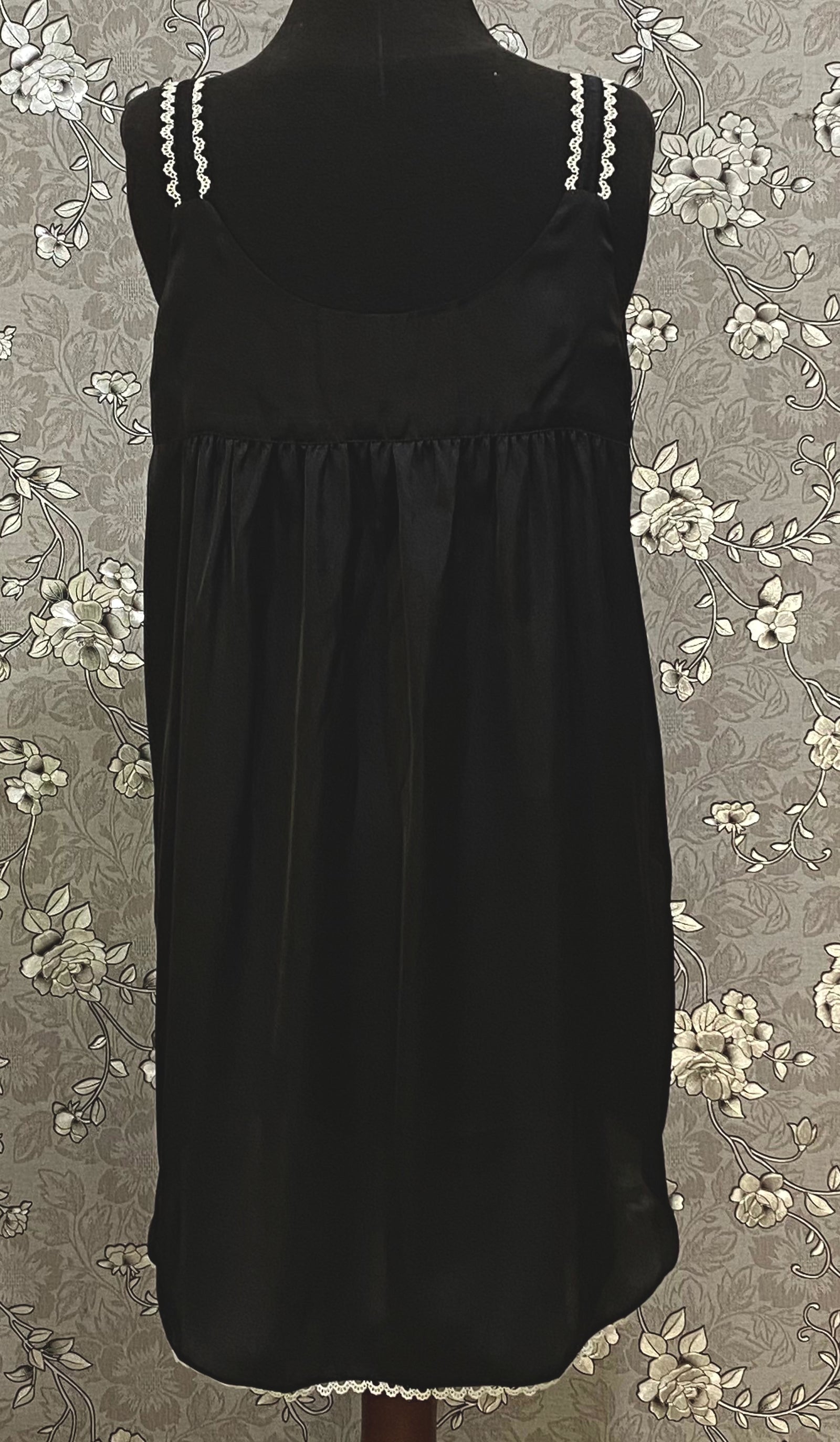 SoieRose Black Satin Nightgown SR-1266 | Victorian Lace Trim Nightdress