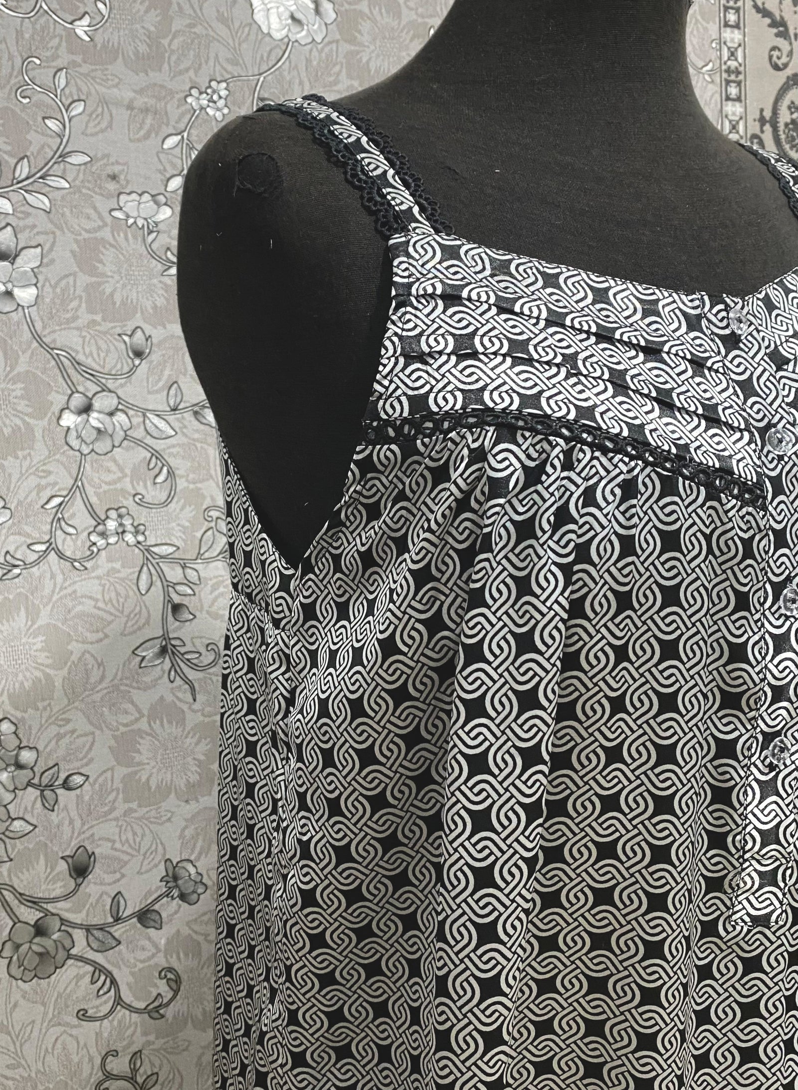 SoieRose Black White Satin Nightgown SR-1245 – Victorian Style Camisole Nightdress, Elegant Printed Sleepwear, Lightweight Satin Slip