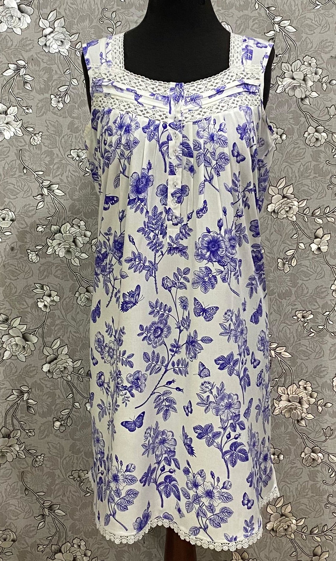 SoieRose Blue Floral 100% Cotton Nightgown Sleeveless Lace Trim Vintage Sleepwear - SR1242