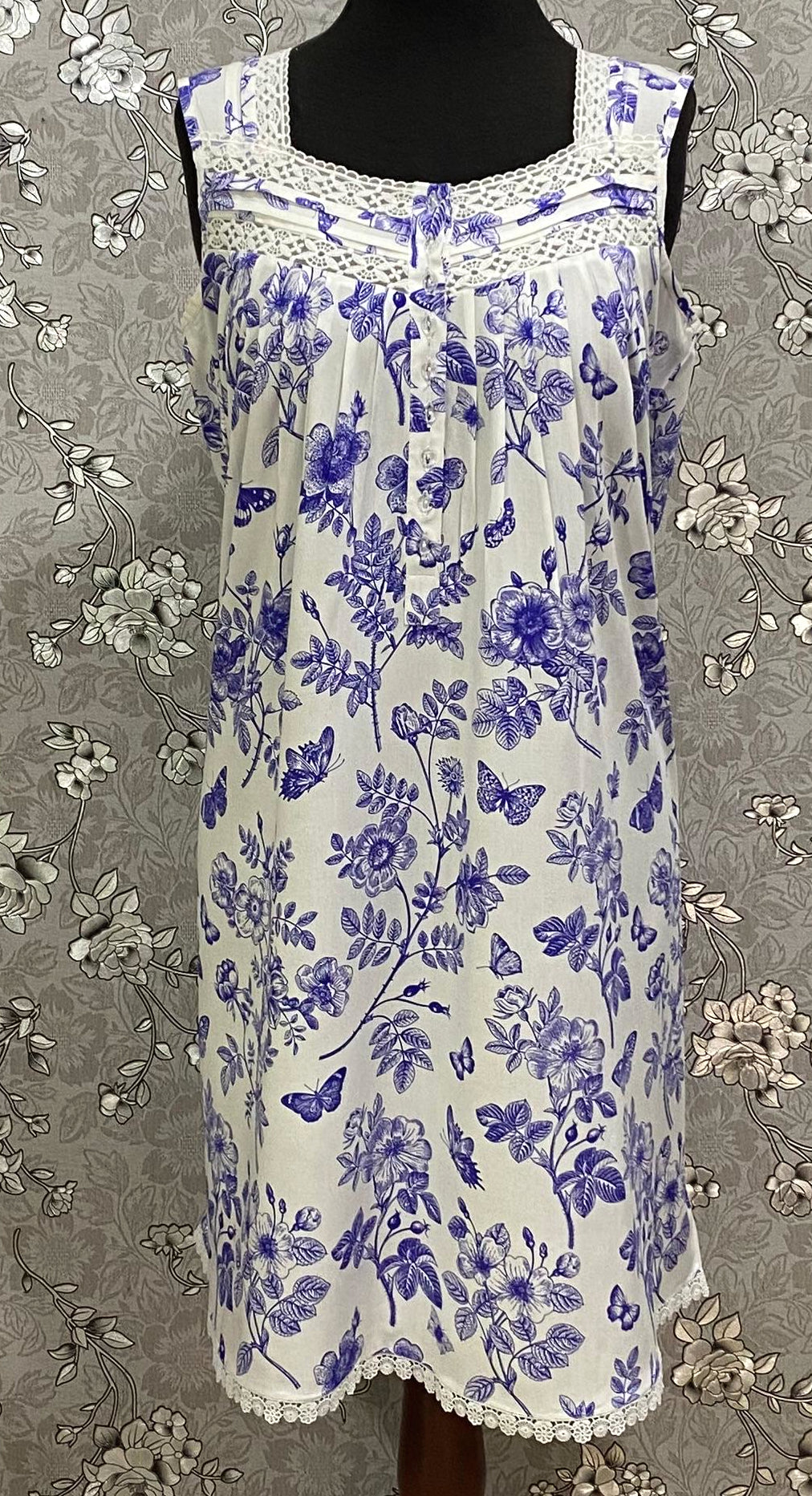 SoieRose Blue Floral 100% Cotton Nightgown Sleeveless Lace Trim Vintage Sleepwear - SR1242