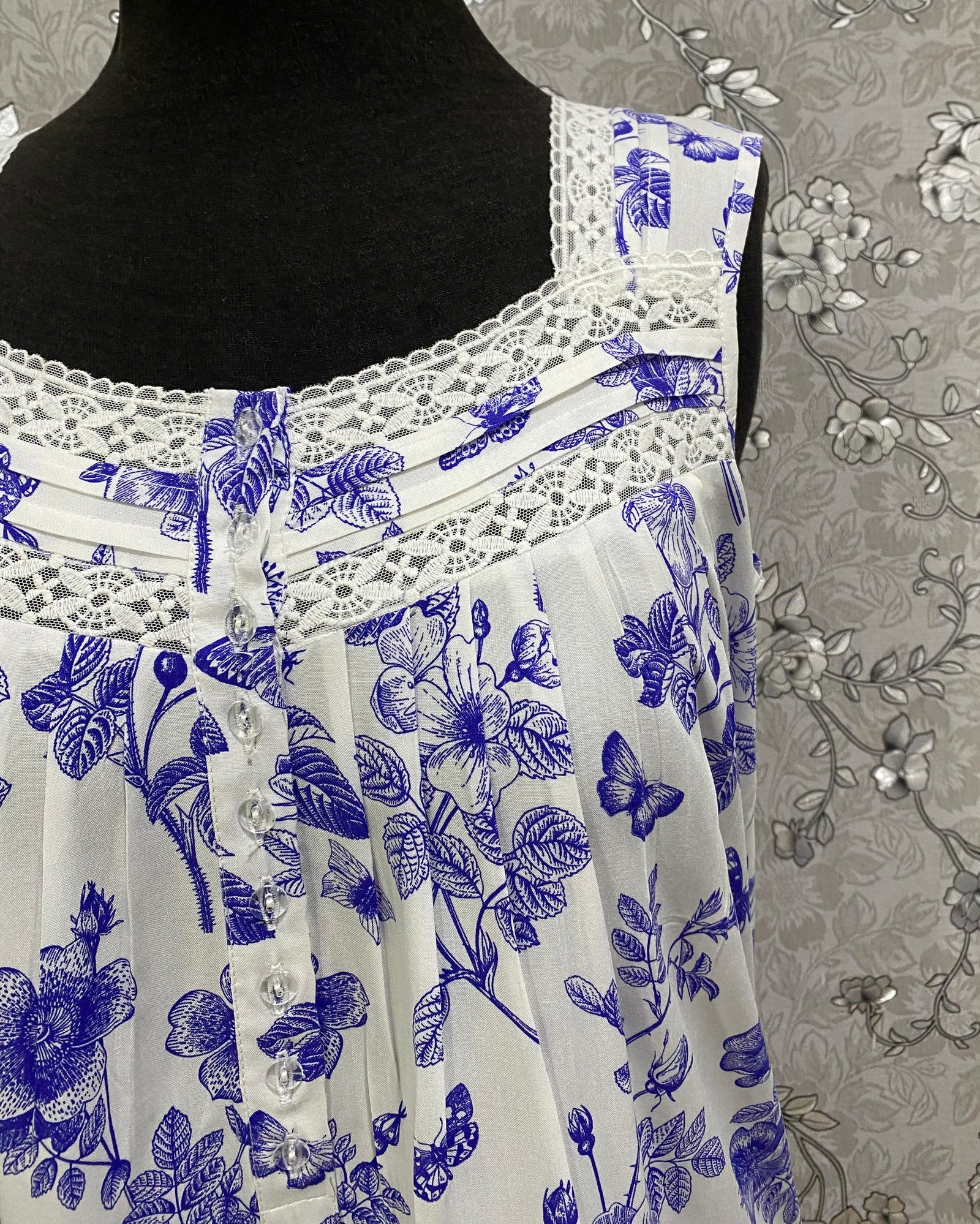 SoieRose Blue Floral 100% Cotton Nightgown Sleeveless Lace Trim Vintage Sleepwear - SR1242