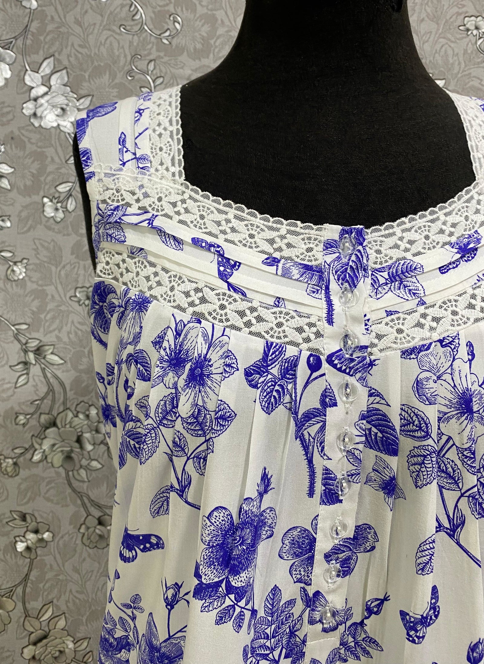SoieRose Blue Floral 100% Cotton Nightgown Sleeveless Lace Trim Vintage Sleepwear - SR1242