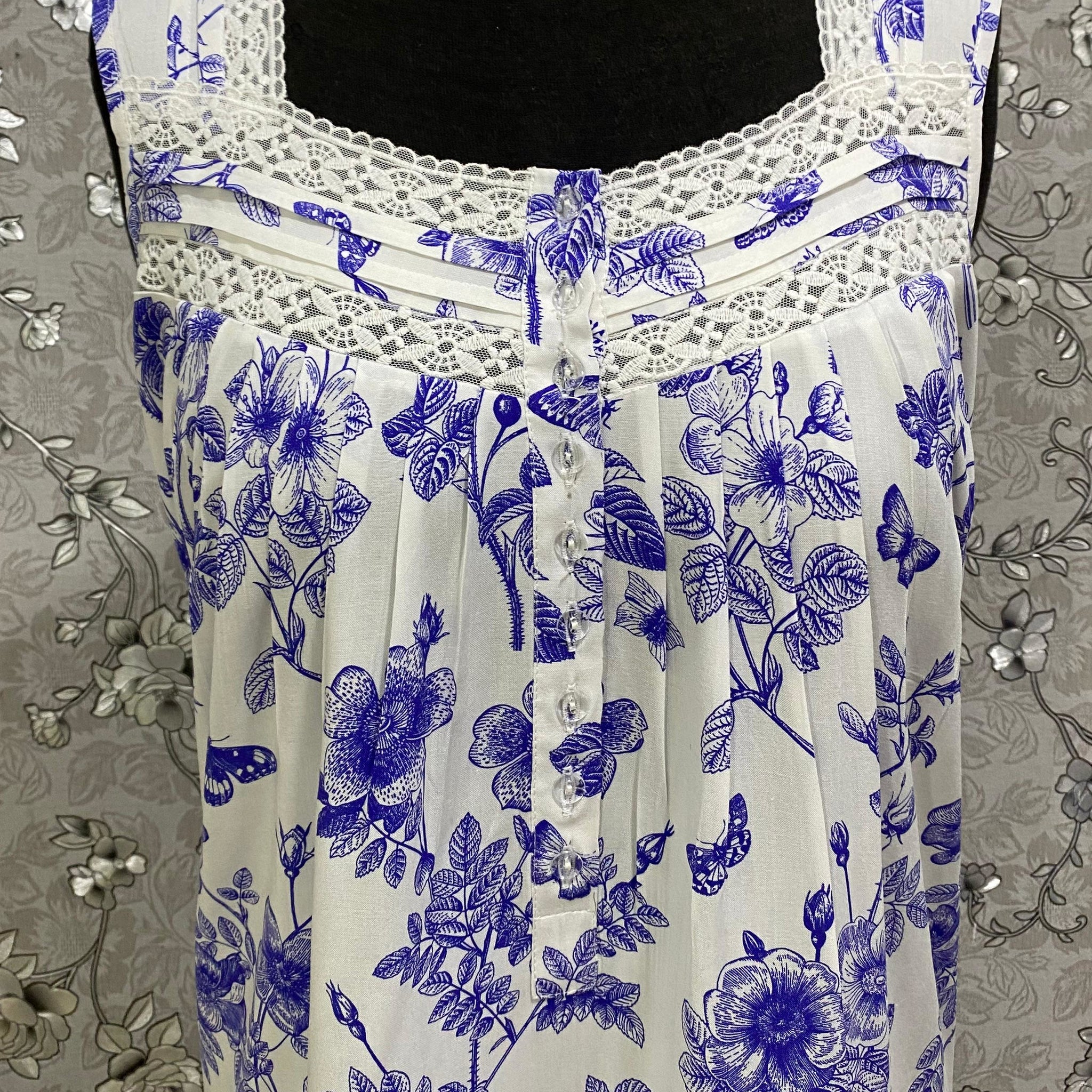 SoieRose Blue Floral 100% Cotton Nightgown Sleeveless Lace Trim Vintage Sleepwear - SR1242