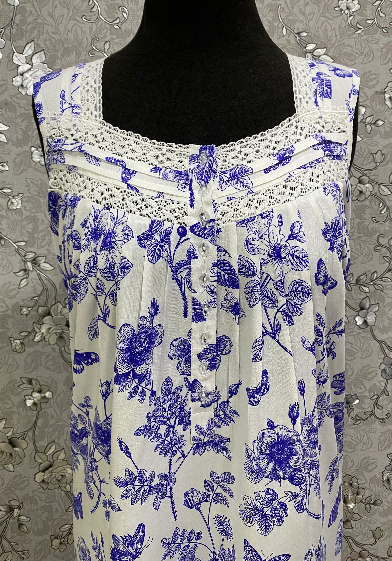 SoieRose Blue Floral 100% Cotton Nightgown Sleeveless Lace Trim Vintage Sleepwear - SR1242