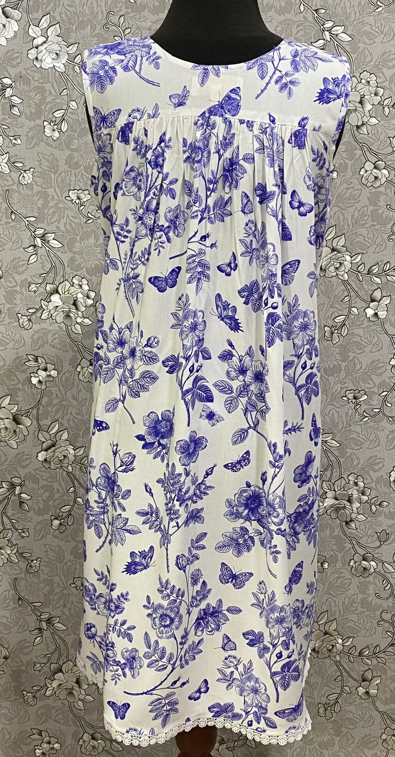 SoieRose Blue Floral 100% Cotton Nightgown Sleeveless Lace Trim Vintage Sleepwear - SR1242