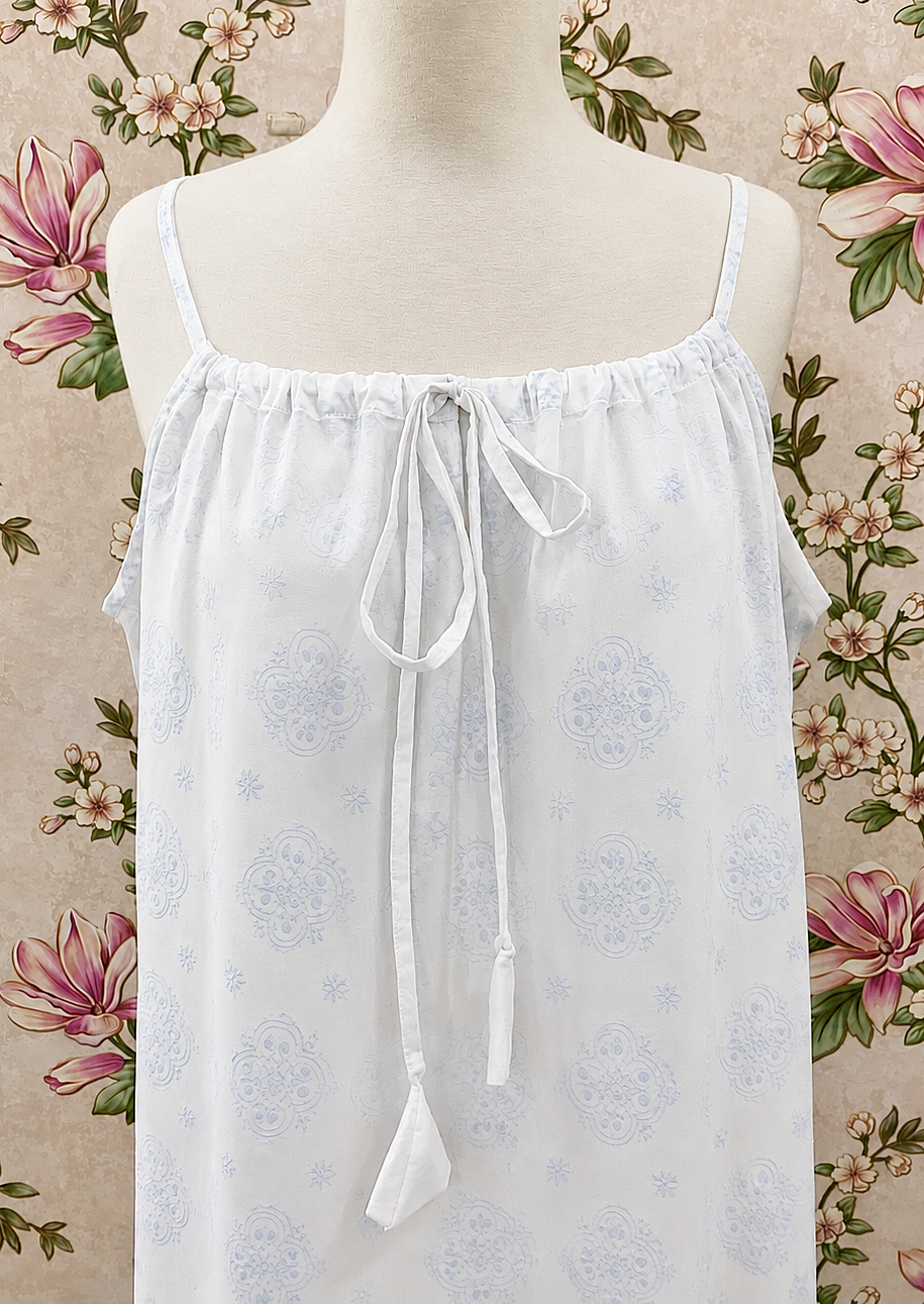 SoieRose Blue Floral White 100% Cotton Victorian Cottagecore Nightgown SR-1298