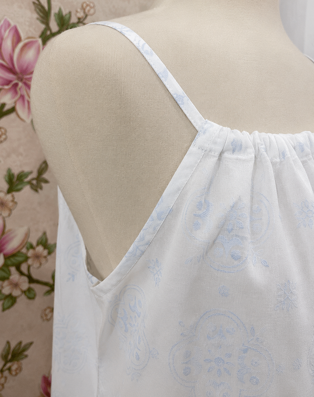SoieRose Blue Floral White 100% Cotton Victorian Cottagecore Nightgown SR-1298
