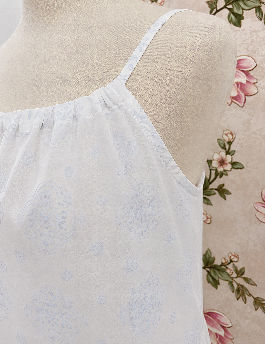 SoieRose Blue Floral White 100% Cotton Victorian Cottagecore Nightgown SR-1298