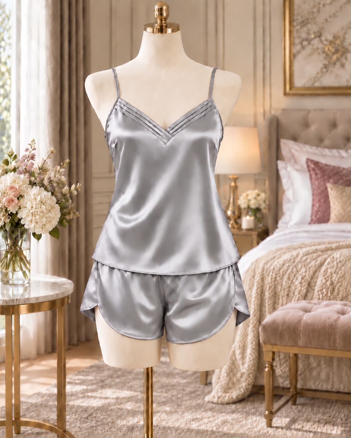 SoieRose Celeste 22 Momme 100% Silk Camisole & Shorts - Pajama Set