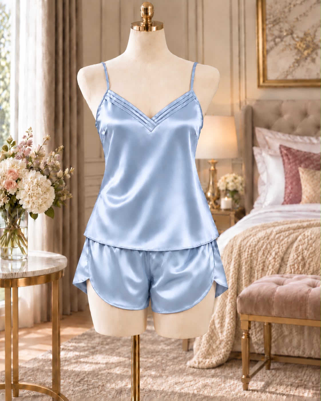 SoieRose Celeste 22 Momme 100% Silk Camisole & Shorts - Pajama Set