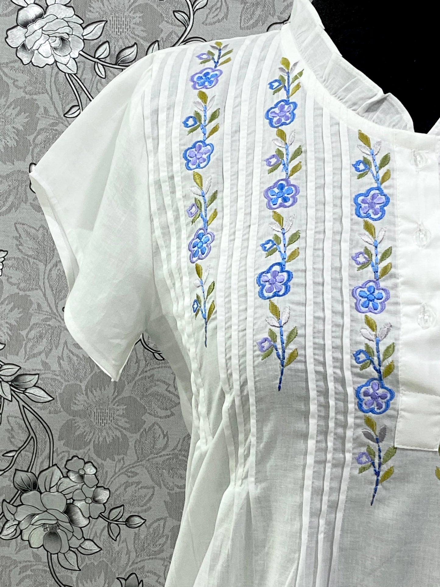 SoieRose Cotton Nightgown – SR-1196 – White Victorian Nightdress with Blue Floral Embroidery