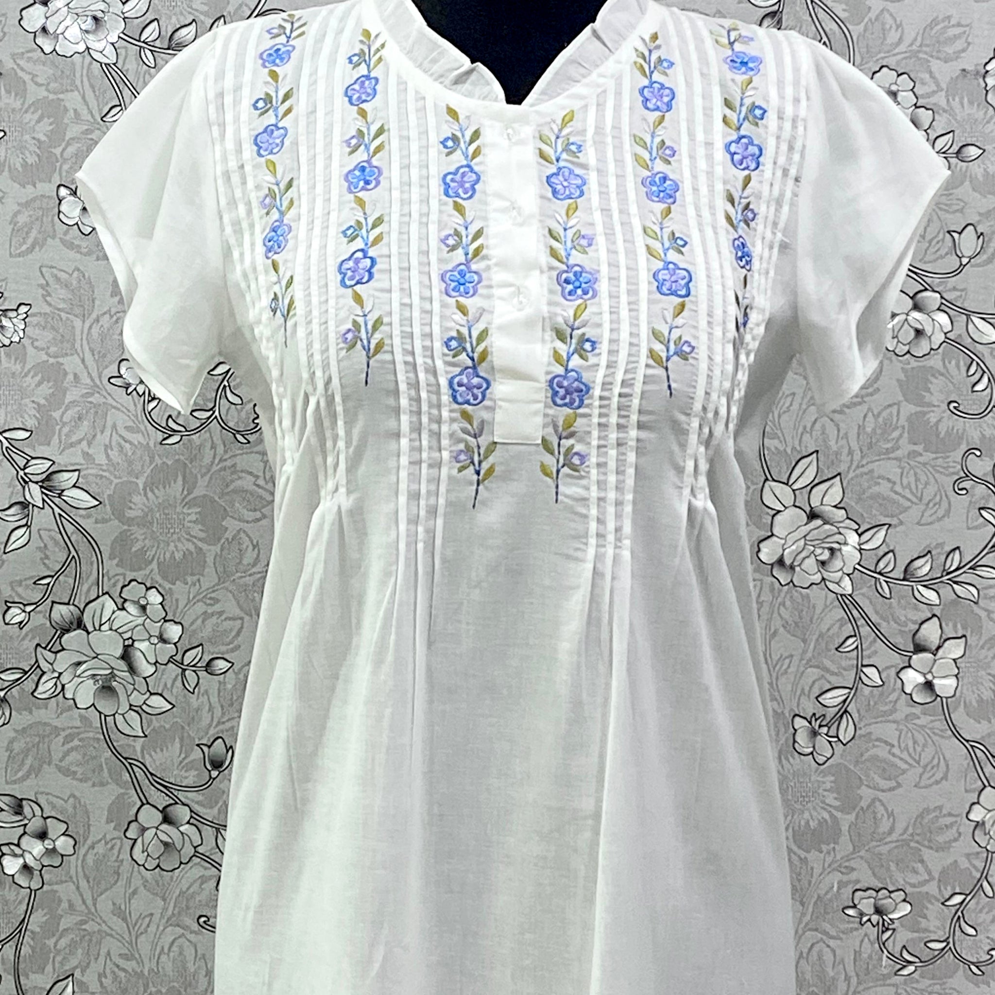 SoieRose Cotton Nightgown – SR-1196 – White Victorian Nightdress with Blue Floral Embroidery