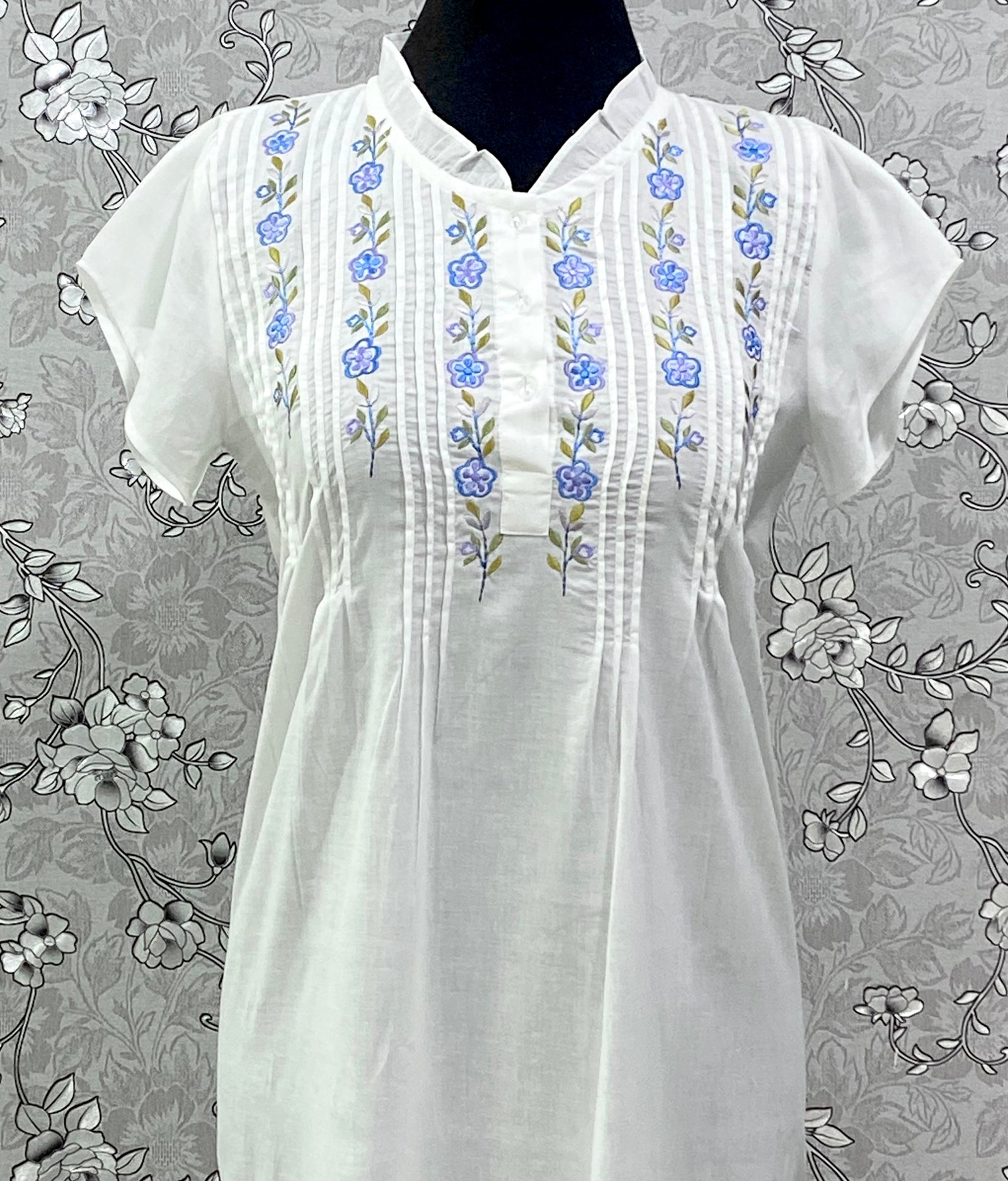 SoieRose Cotton Nightgown – SR-1196 – White Victorian Nightdress with Blue Floral Embroidery