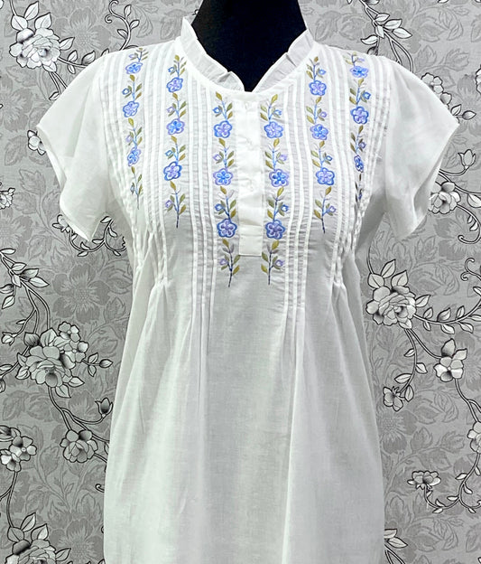 SoieRose Cotton Nightgown – SR-1196 – White Victorian Nightdress with Blue Floral Embroidery
