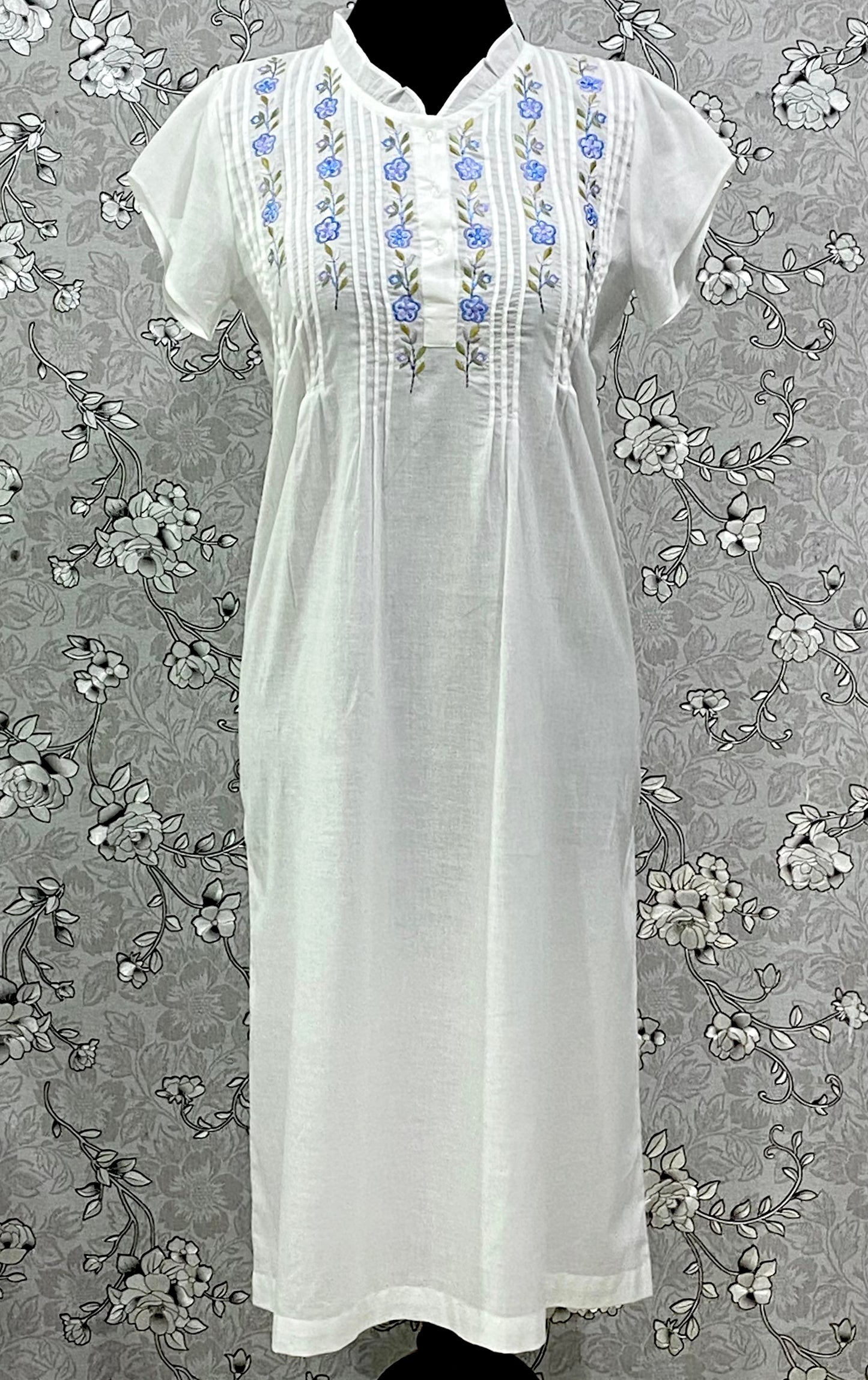 SoieRose Cotton Nightgown – SR-1196 – White Victorian Nightdress with Blue Floral Embroidery