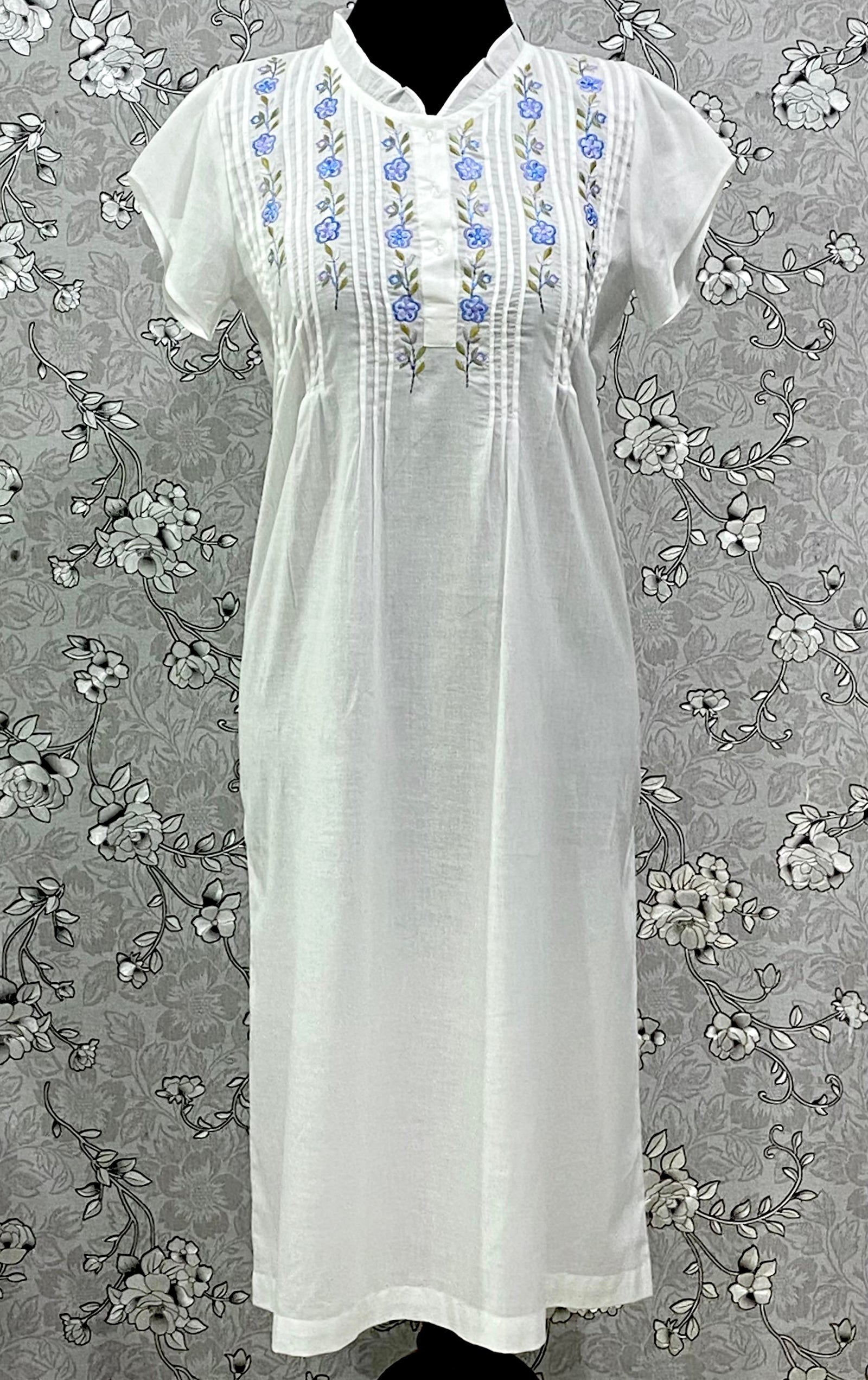 SoieRose Cotton Nightgown – SR-1196 – White Victorian Nightdress with Blue Floral Embroidery