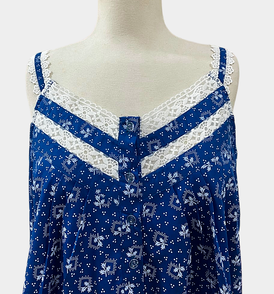 SoieRose Country Blue Floral 100% Cotton Victorian Cottagecore Nightgown - SR-1297