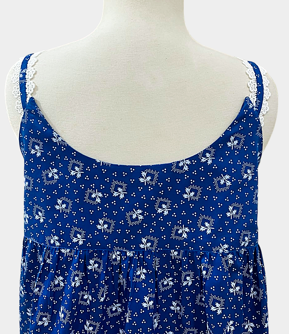 SoieRose Country Blue Floral 100% Cotton Victorian Cottagecore Nightgown - SR-1297