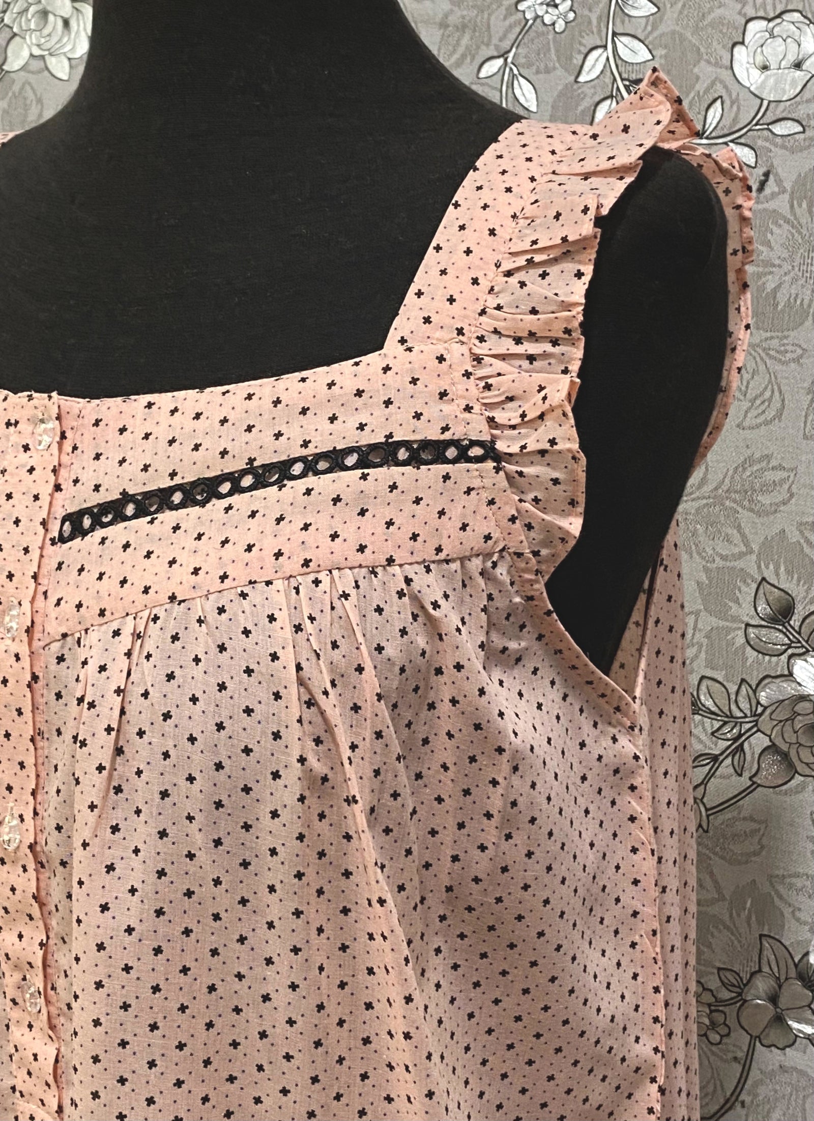 SoieRose Dusty Rose Pink Nightgown SR-1265 | Ruffle Hem Polka Dot Sleep Dress