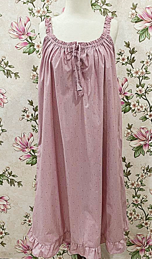 SoieRose Dusty Rose Pinstripe 100% Cotton Victorian Vintage Ruffle Hem Nightgown - SR1300