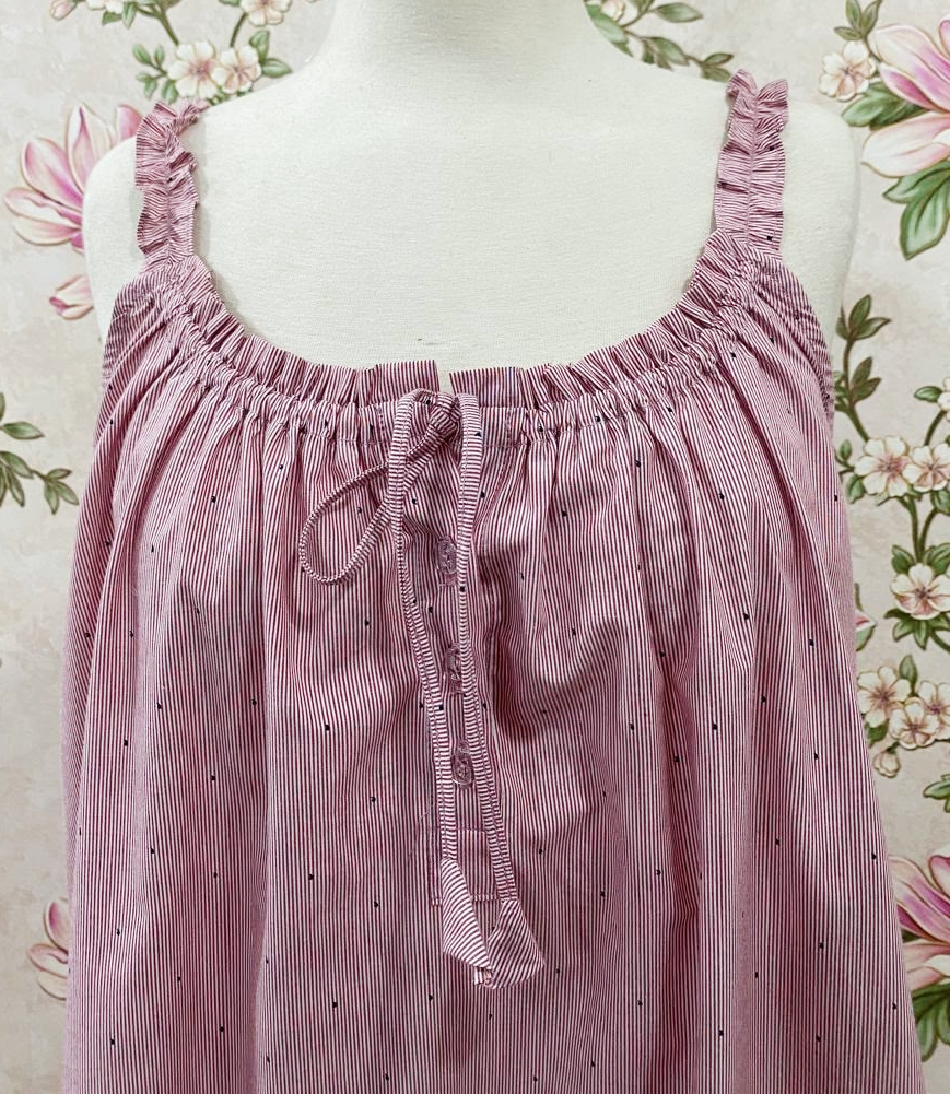SoieRose Dusty Rose Pinstripe 100% Cotton Victorian Vintage Ruffle Hem Nightgown - SR1300