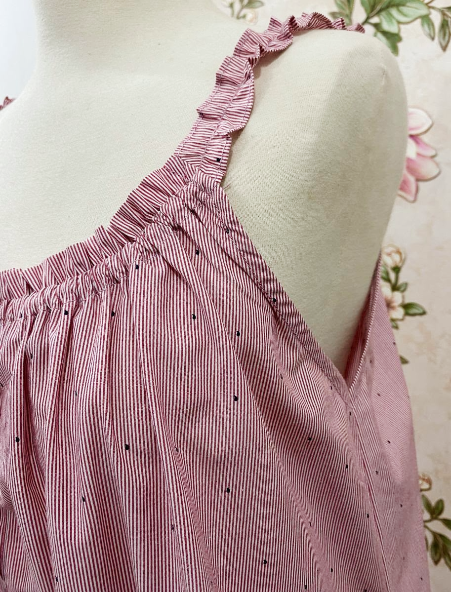 SoieRose Dusty Rose Pinstripe 100% Cotton Victorian Vintage Ruffle Hem Nightgown - SR1300