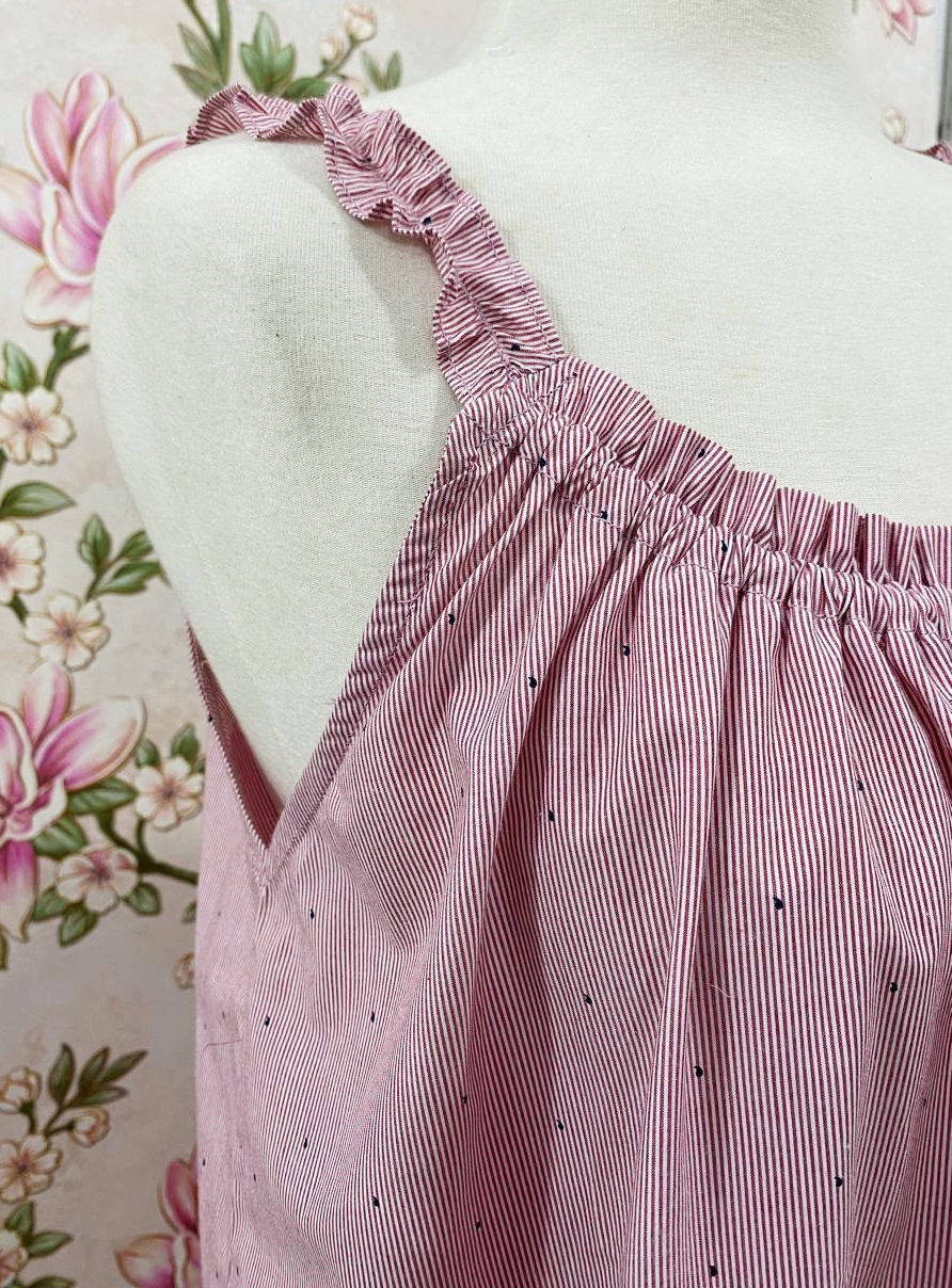SoieRose Dusty Rose Pinstripe 100% Cotton Victorian Vintage Ruffle Hem Nightgown - SR1300