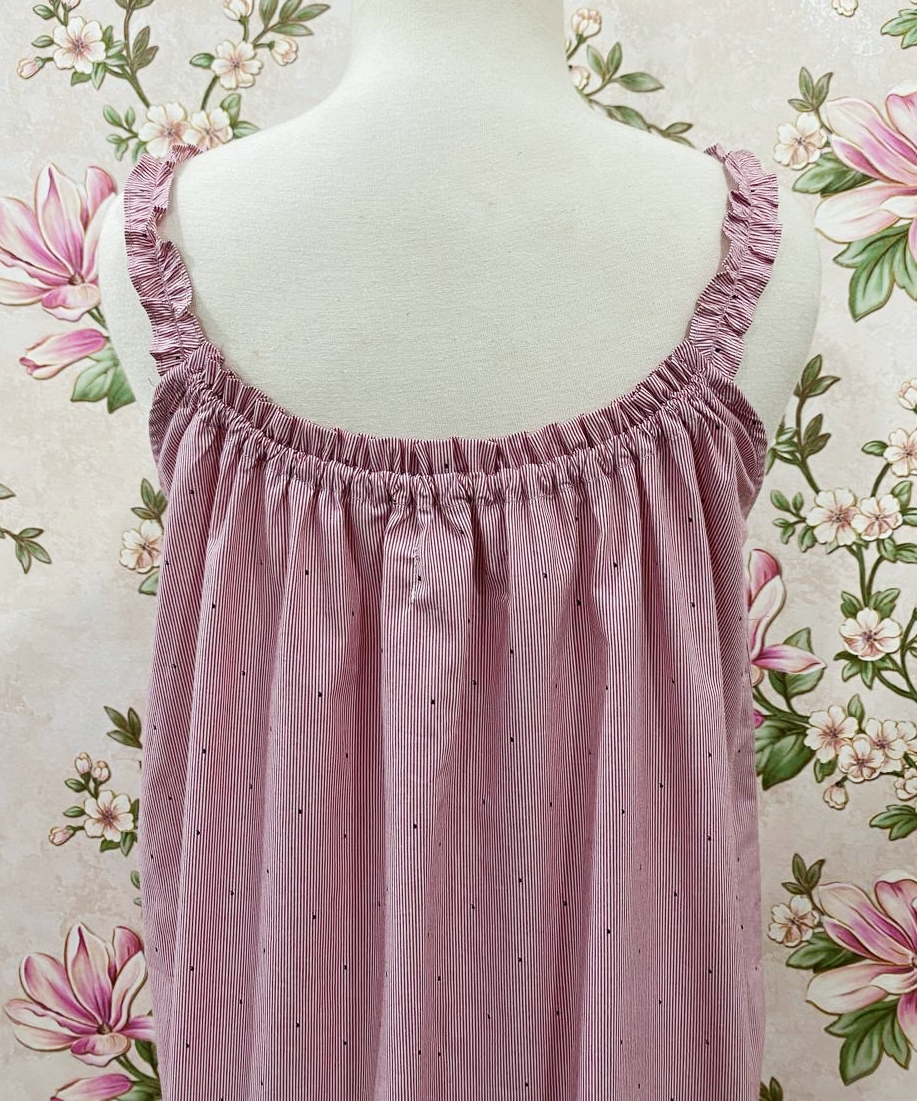 SoieRose Dusty Rose Pinstripe 100% Cotton Victorian Vintage Ruffle Hem Nightgown - SR1300