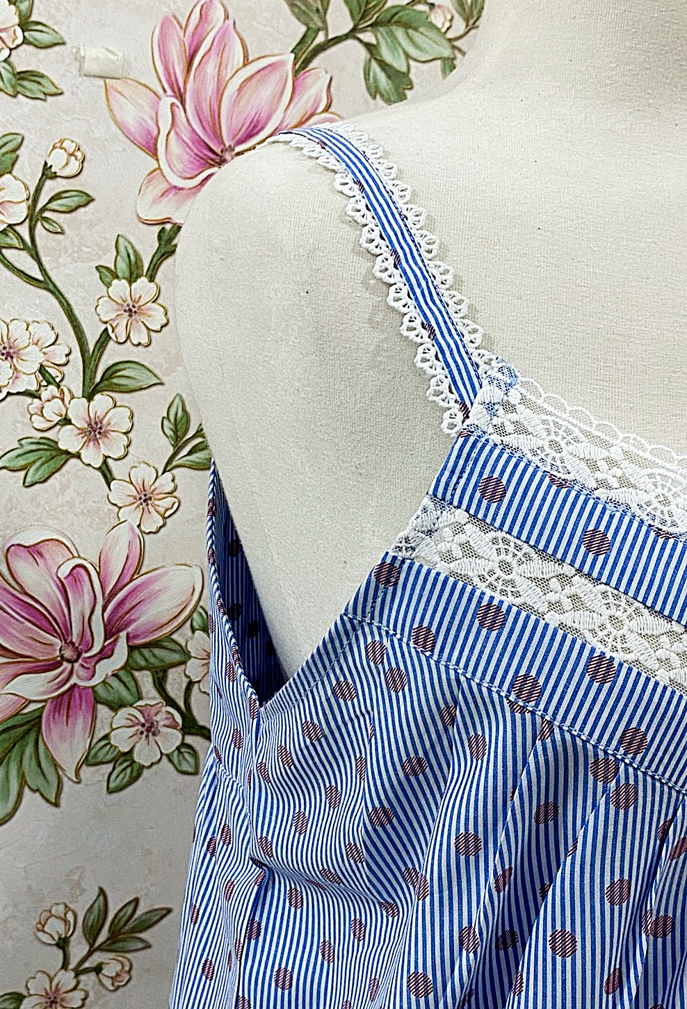 SoieRose French Blue Cotton Victorian Lace Trim Cottagecore Nightgown SR-1281
