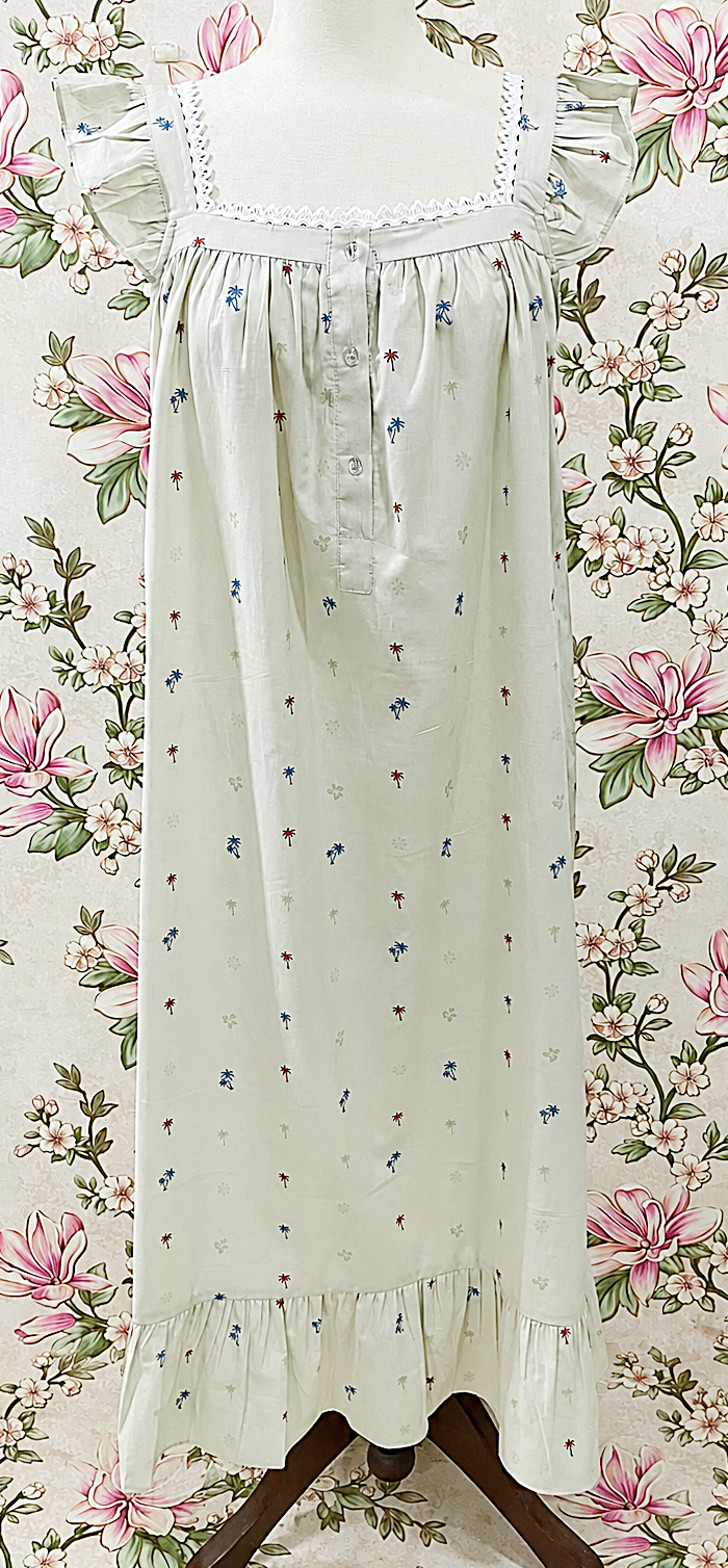 SoieRose Ivory Palm Print 100% Cotton Victorian Flutter Sleeve Nightgown - SR-1302