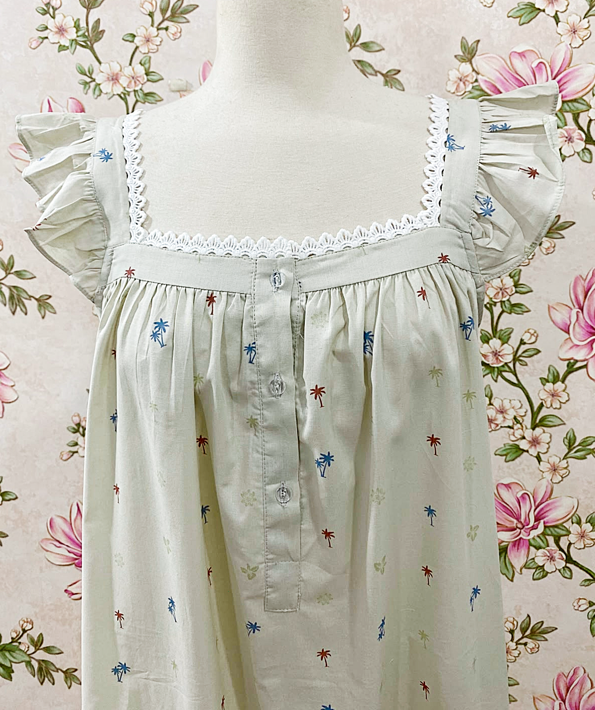SoieRose Ivory Palm Print 100% Cotton Victorian Flutter Sleeve Nightgown - SR-1302