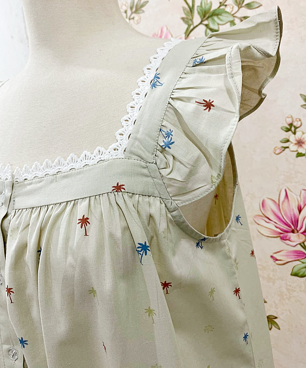 SoieRose Ivory Palm Print 100% Cotton Victorian Flutter Sleeve Nightgown - SR-1302