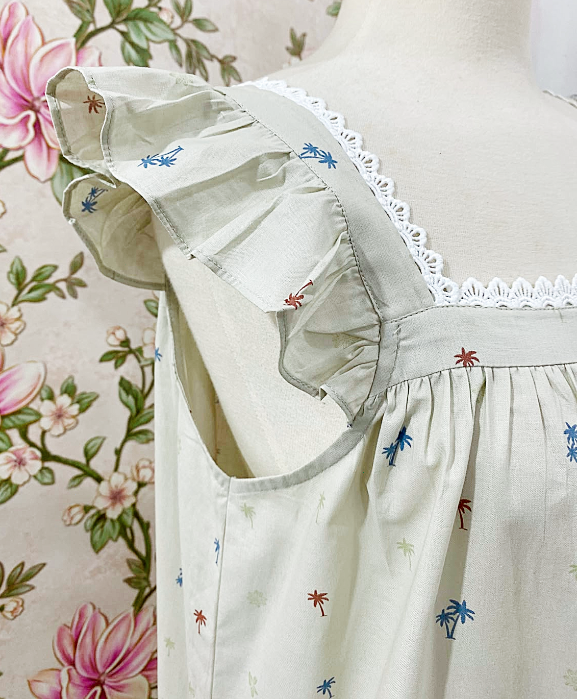 SoieRose Ivory Palm Print 100% Cotton Victorian Flutter Sleeve Nightgown - SR-1302