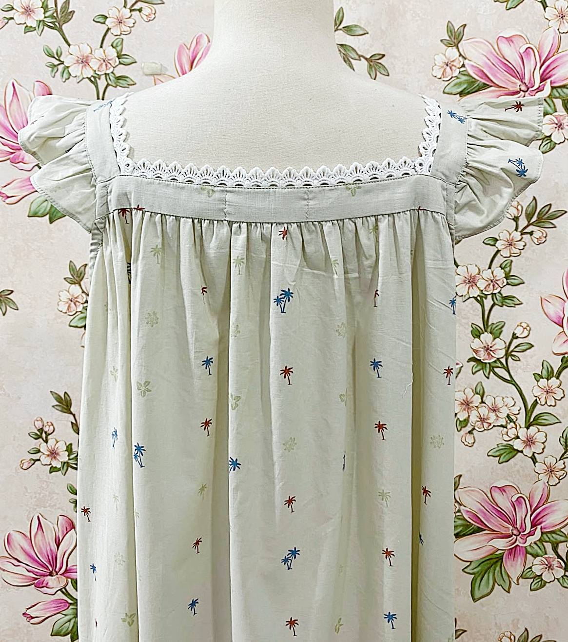 SoieRose Ivory Palm Print 100% Cotton Victorian Flutter Sleeve Nightgown - SR-1302