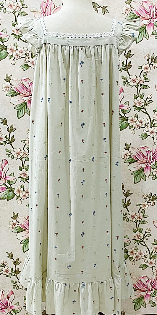 SoieRose Ivory Palm Print 100% Cotton Victorian Flutter Sleeve Nightgown - SR-1302