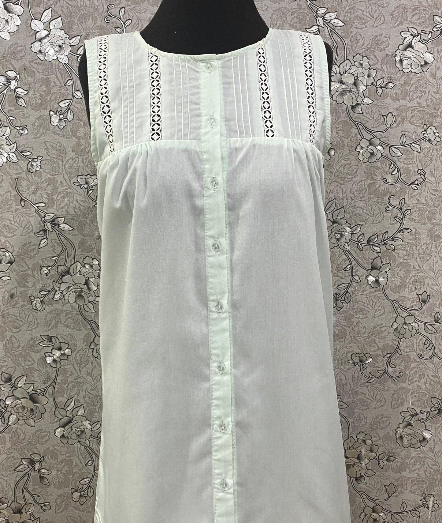 SoieRose Mint Victorian Cotton Nightgown – SR-1197 – Sleeveless Button-Down Nightdress