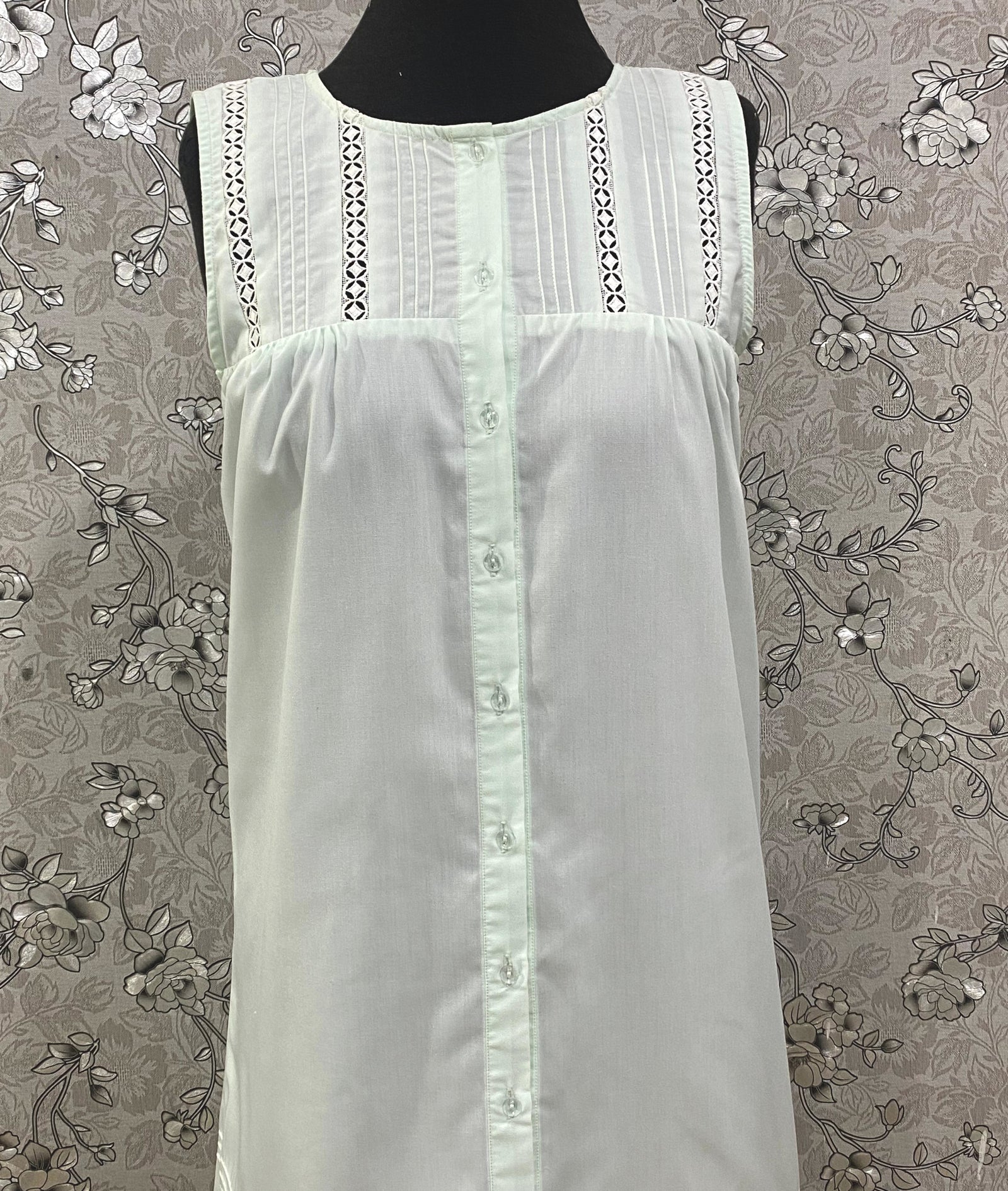 SoieRose Mint Victorian Cotton Nightgown – SR-1197 – Sleeveless Button-Down Nightdress