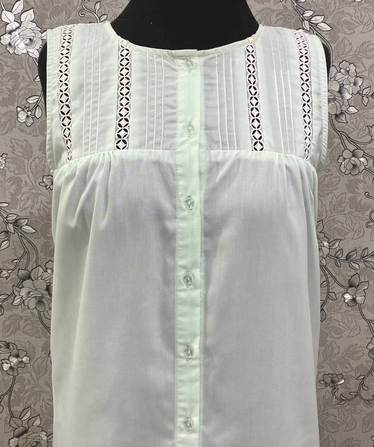 SoieRose Mint Victorian Cotton Nightgown – SR-1197 – Sleeveless Button-Down Nightdress