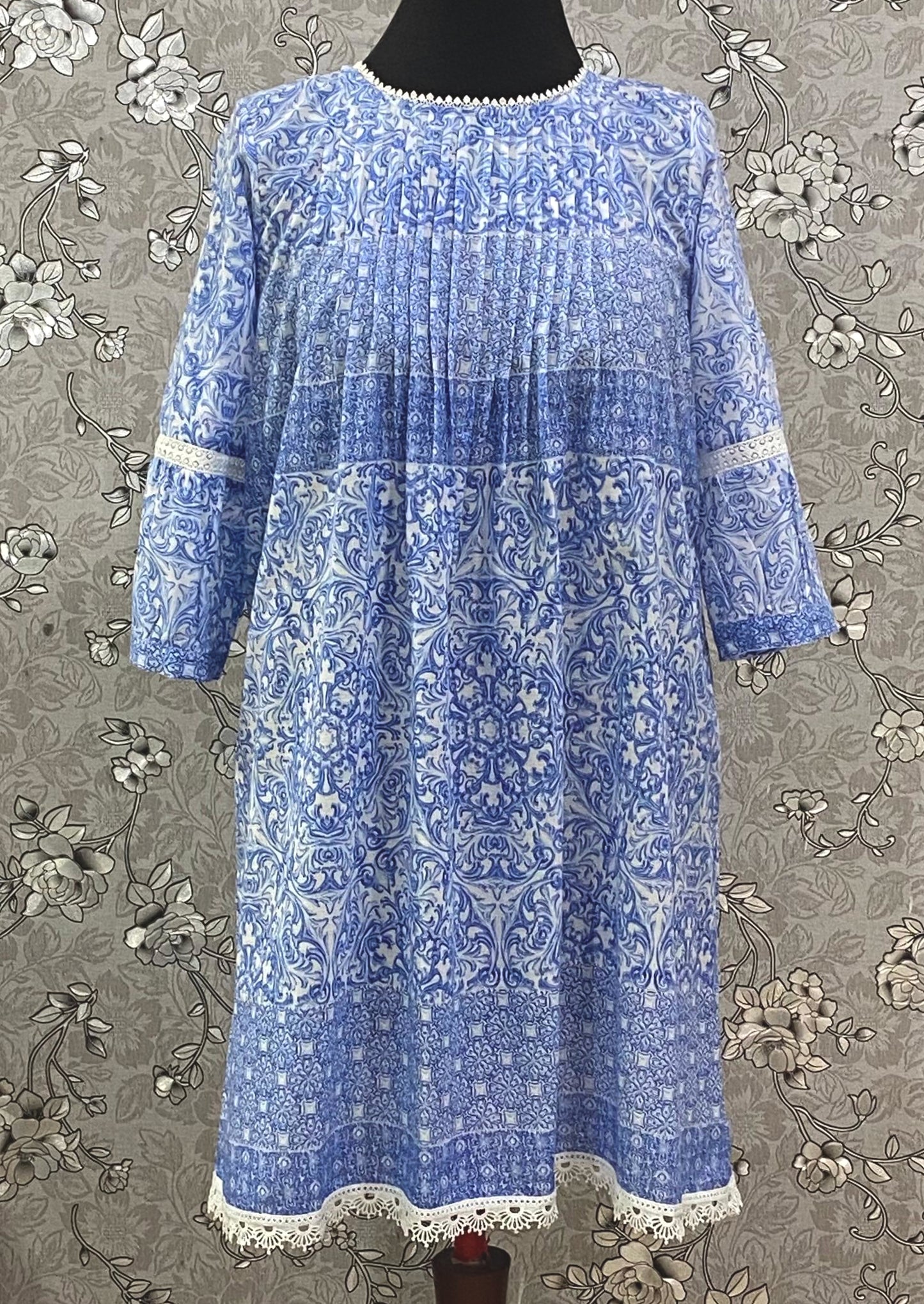 SoieRose SR-1200 Victorian Cotton Nightgown – Blue Floral Print