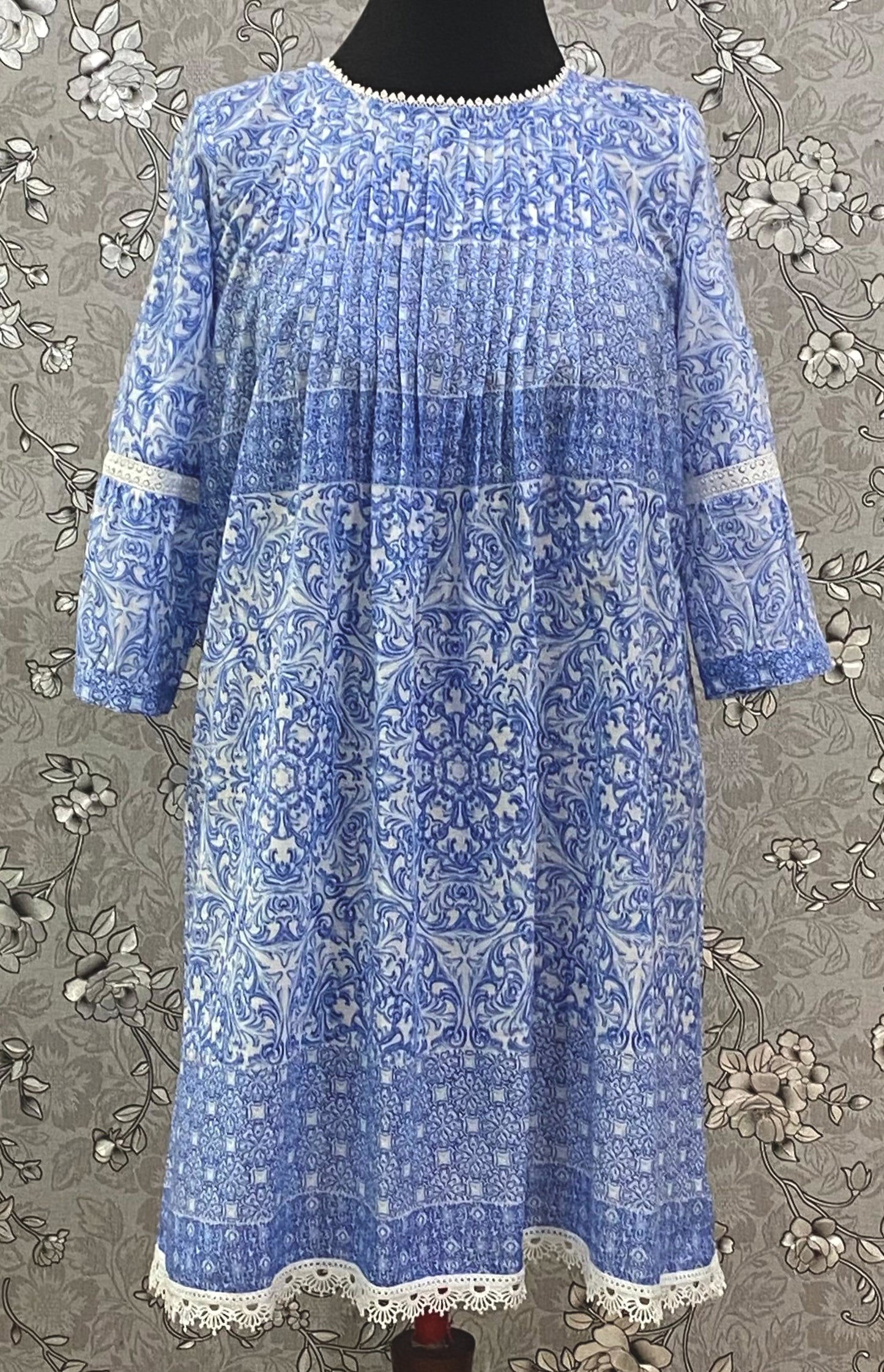 SoieRose SR-1200 Victorian Cotton Nightgown – Blue Floral Print