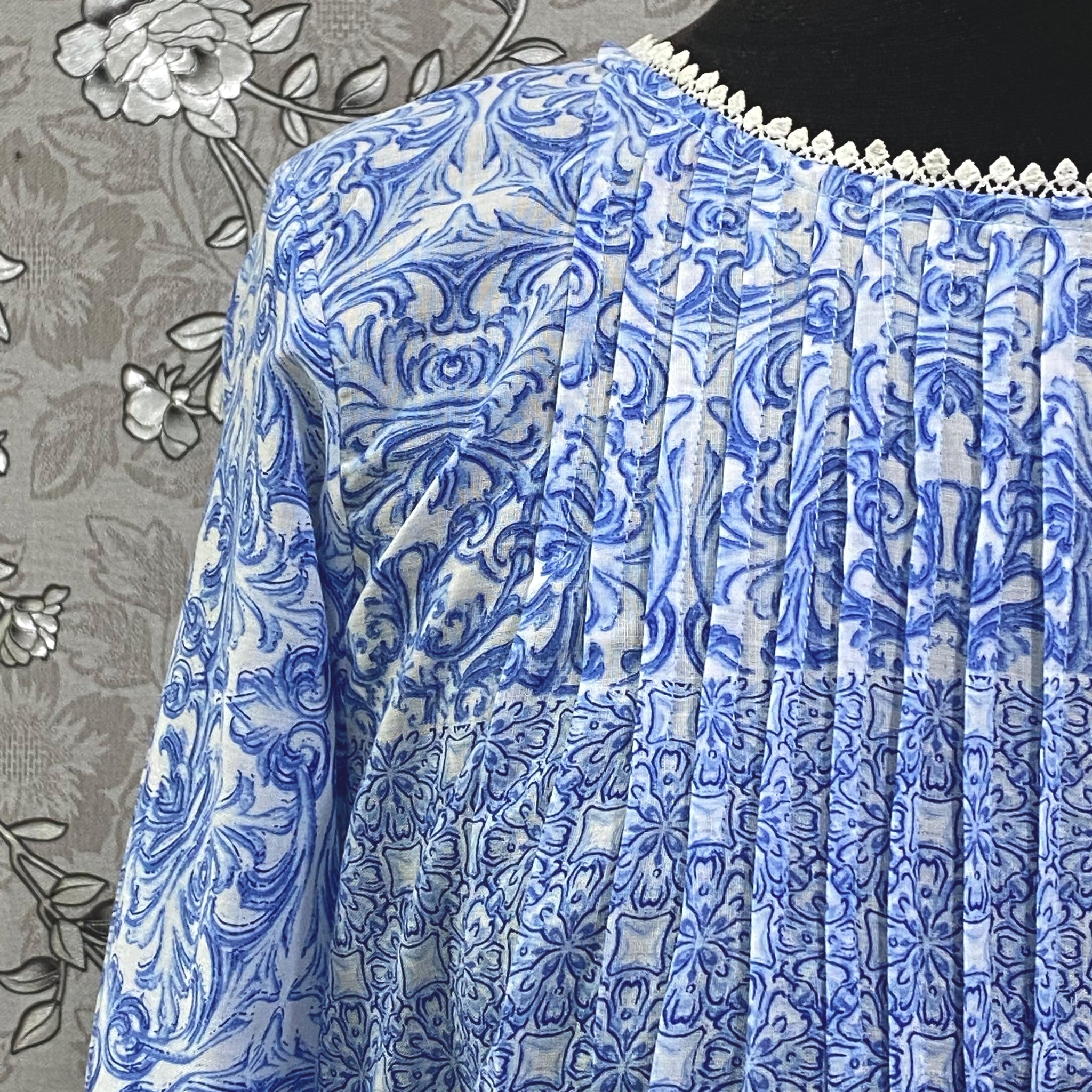 SoieRose SR-1200 Victorian Cotton Nightgown – Blue Floral Print