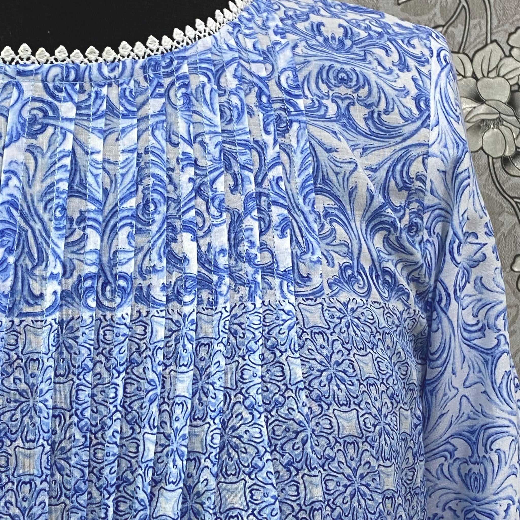 SoieRose SR-1200 Victorian Cotton Nightgown – Blue Floral Print