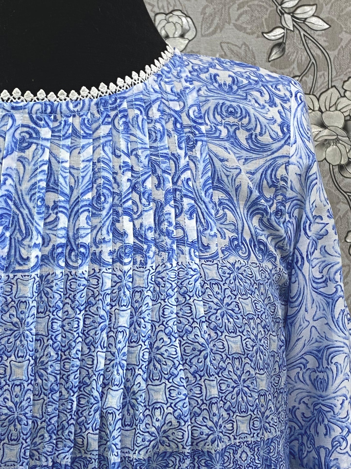 SoieRose SR-1200 Victorian Cotton Nightgown – Blue Floral Print
