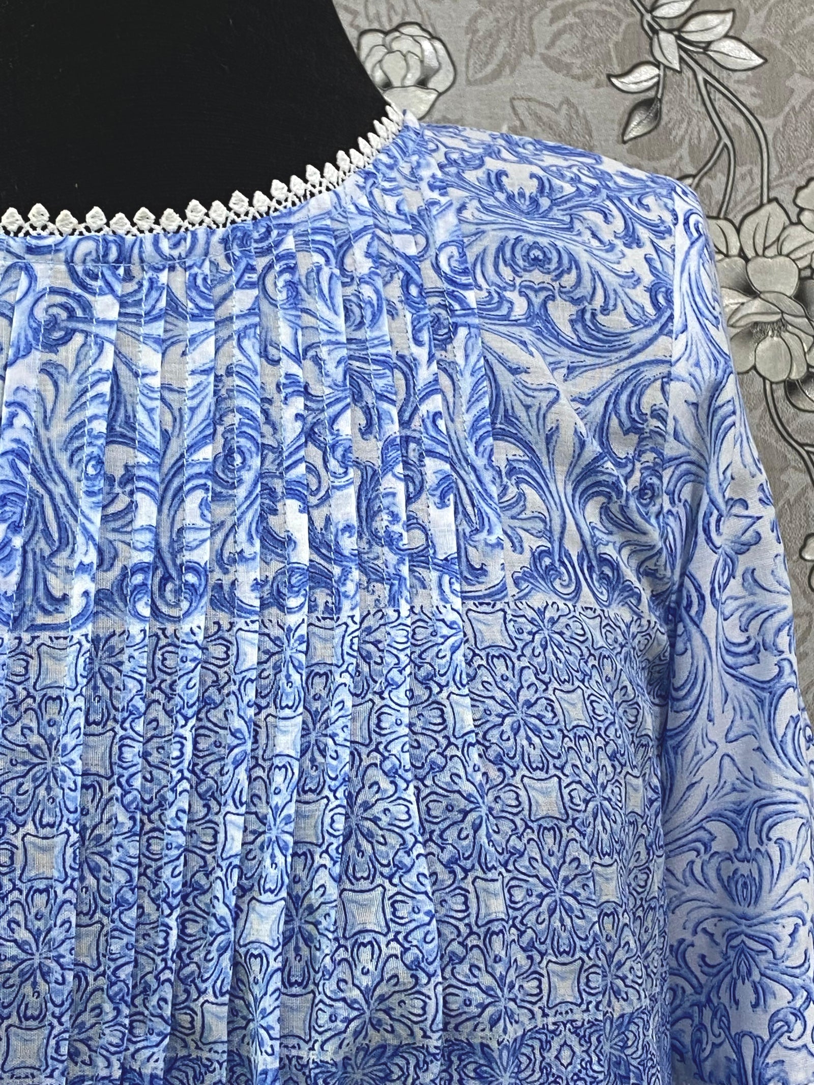 SoieRose SR-1200 Victorian Cotton Nightgown – Blue Floral Print