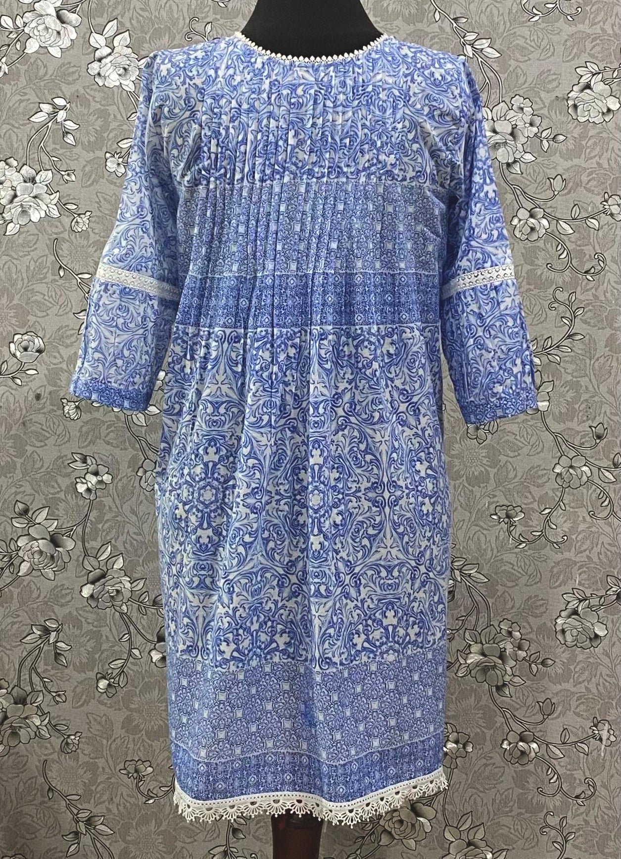 SoieRose SR-1200 Victorian Cotton Nightgown – Blue Floral Print