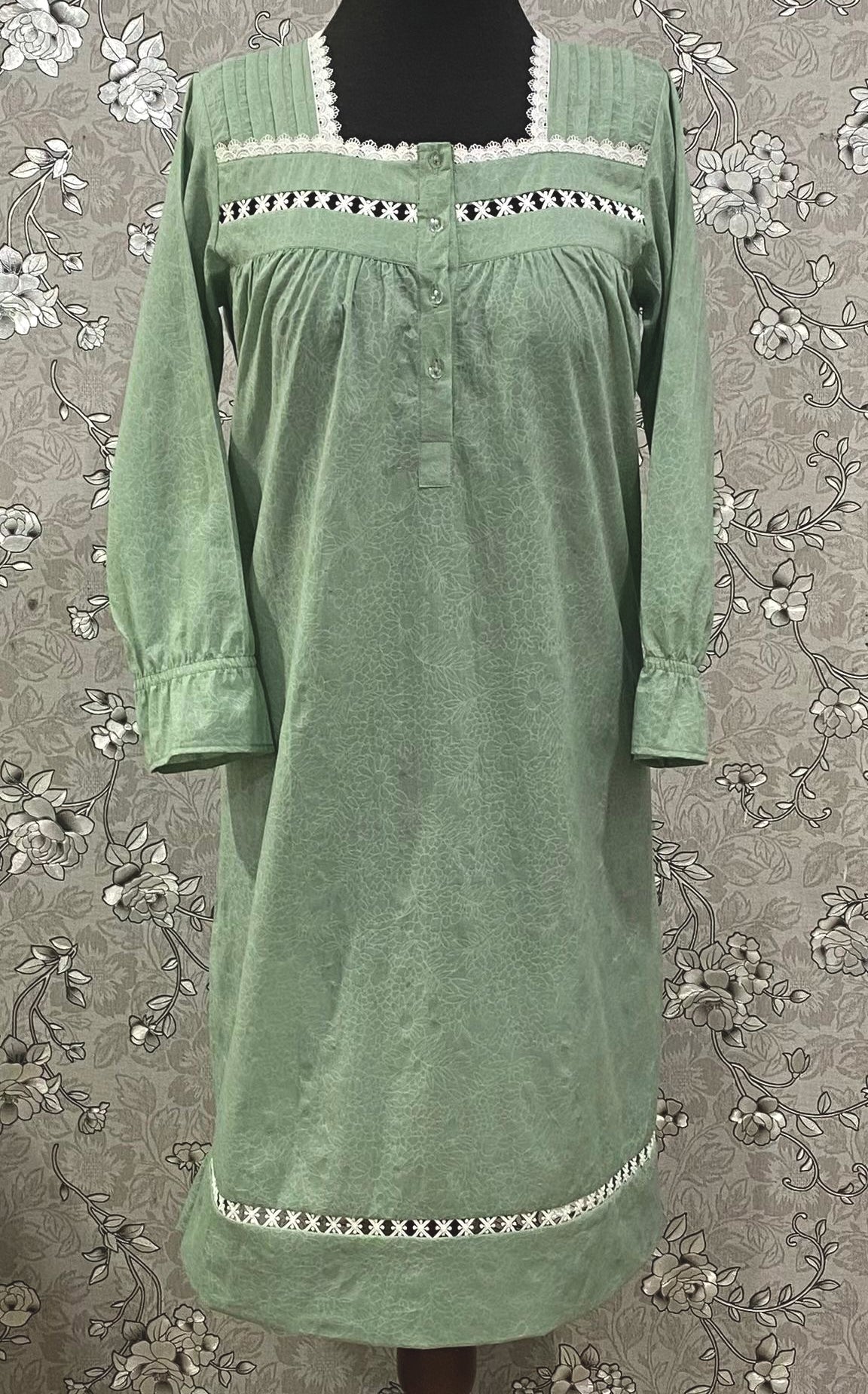 SoieRose SR-1201 Victorian Cotton Nightgown – Sage Green with Lace Accents
