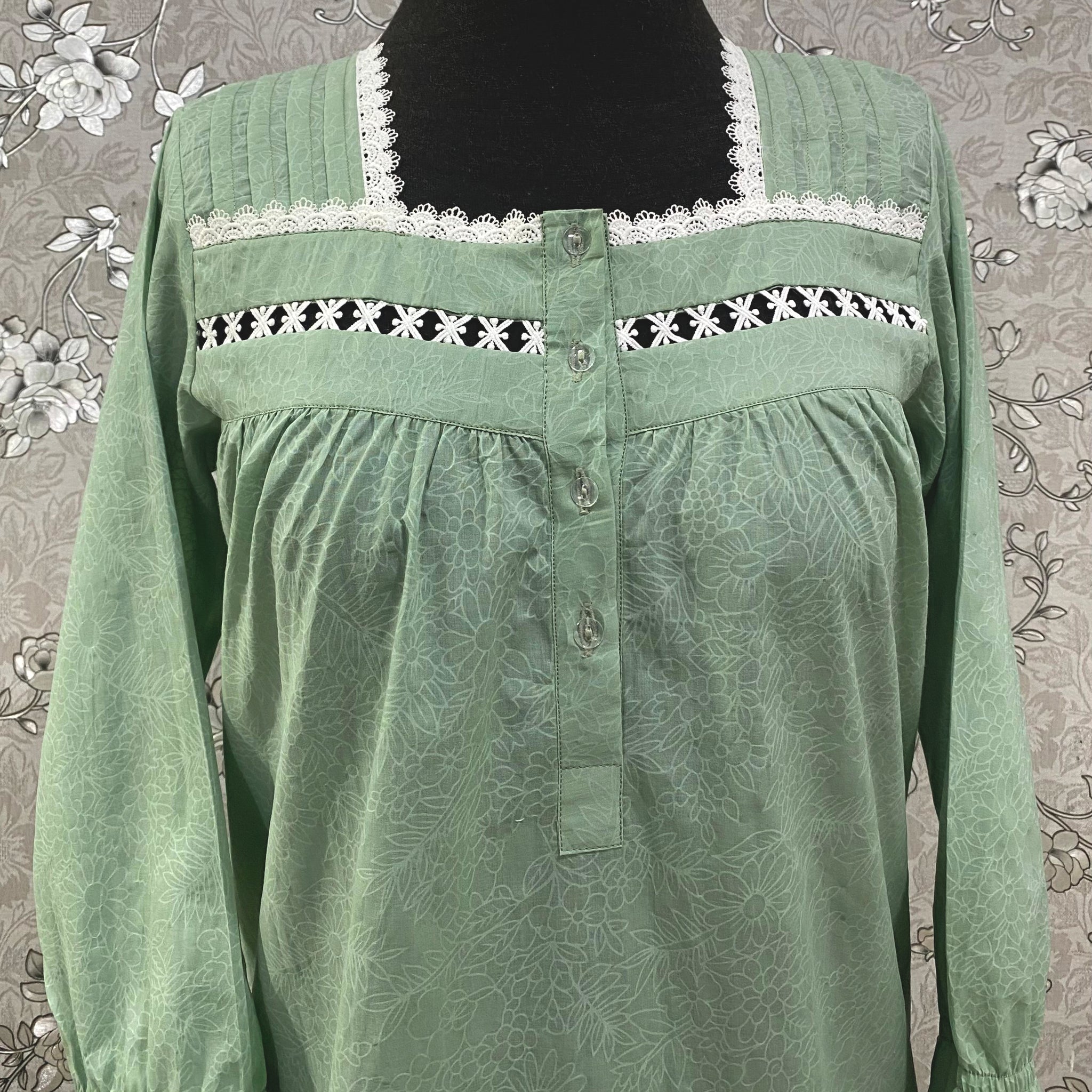 SoieRose SR-1201 Victorian Cotton Nightgown – Sage Green with Lace Accents