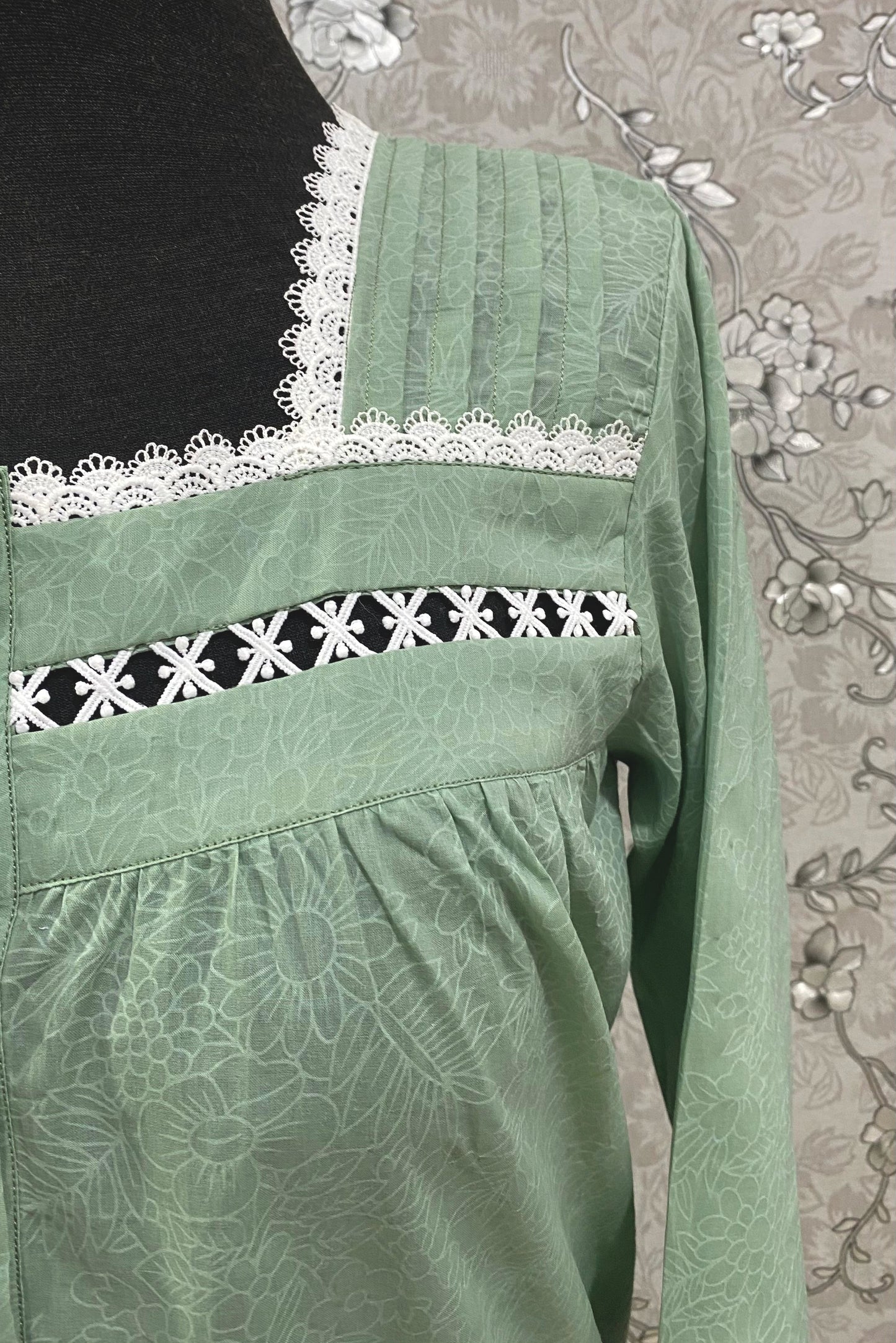 SoieRose SR-1201 Victorian Cotton Nightgown – Sage Green with Lace Accents