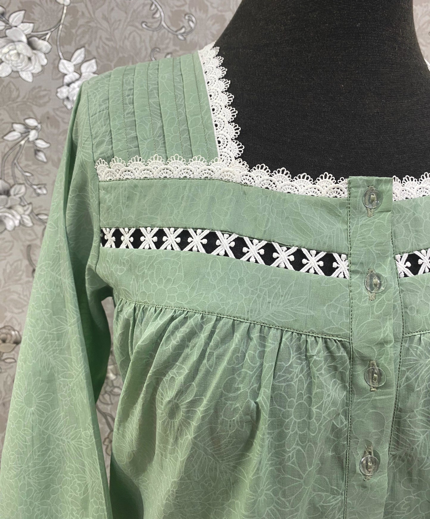 SoieRose SR-1201 Victorian Cotton Nightgown – Sage Green with Lace Accents