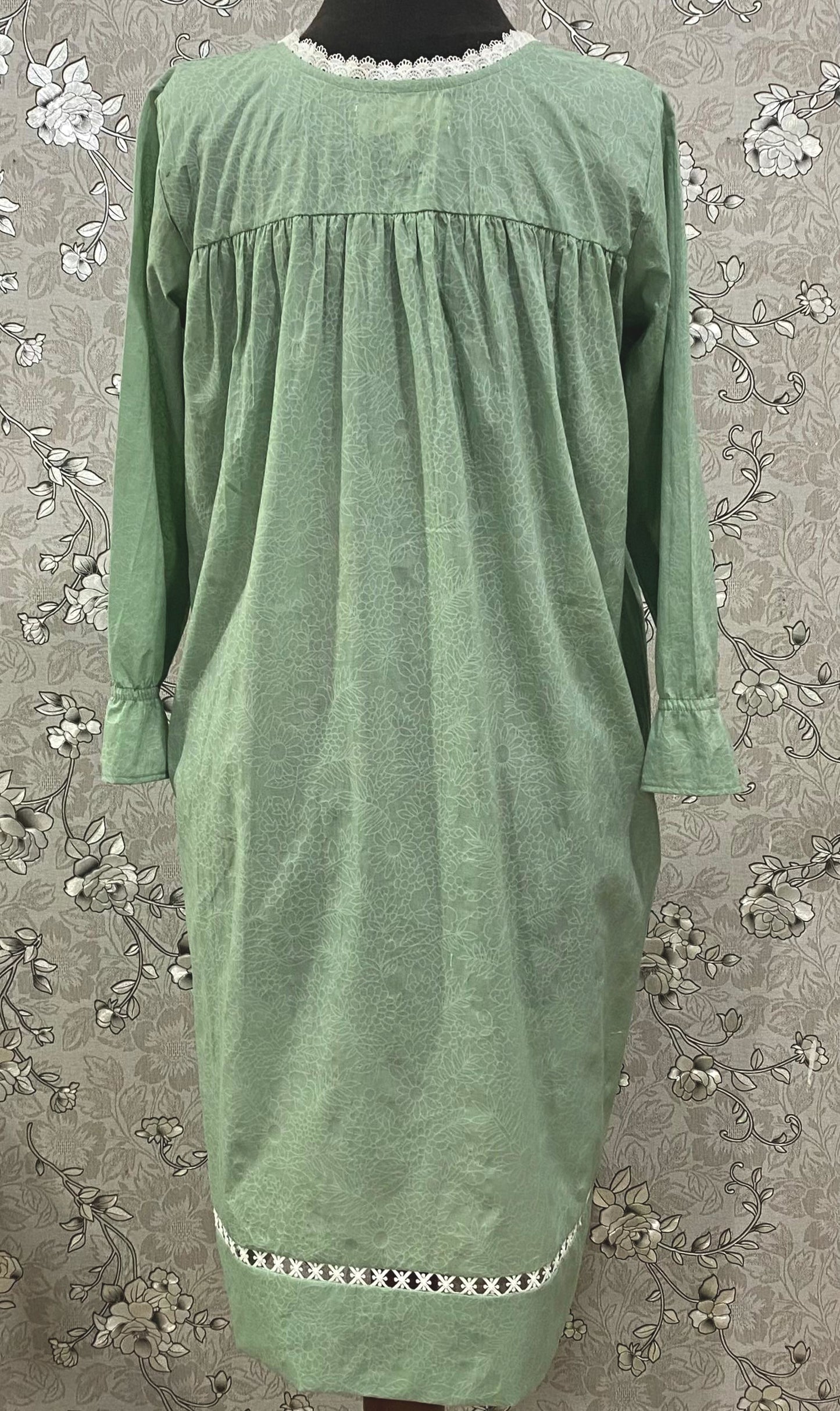 SoieRose SR-1201 Victorian Cotton Nightgown – Sage Green with Lace Accents